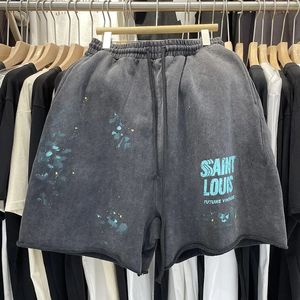 SAINT LOUIS Roupas Artesanais Spray de Tinta Estilo Retro Loop Tecido Verão Homens e Mulheres Shorts Casuais Lavagem Preto Alta Qualidade 240315