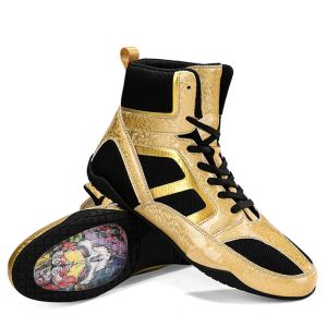 Skor Taobo Black Golden High Tube Boxing Shoes Storlek 47 Mäns brottning Training Shoes Fighting Sanda Styrka Bekväma knäböjskor