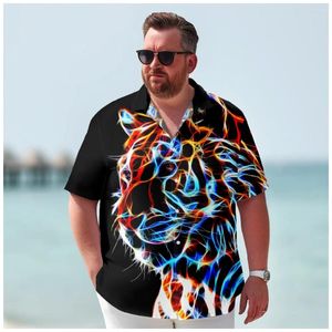 Erkek sıradan gömlekler neon kaplan geometri baskılı Hawai grafikleri elbise gömlek düğmeleri kısa kol büyük boy sokak kıyafeti erkek giyim