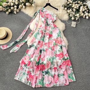 Casual Dresses Fashion Gorgeous Summer Women Flower Print Chiffon One Shoulder Bowknot Elastic Waist Boho Holiday Maxi