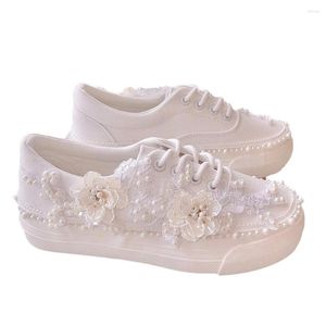 Casual Shoes Bride Travel Design White Lace Flowers Embroidered Pearls Canvas Shoe Fashion Beautiful Big Size Comfortable Walk Cute