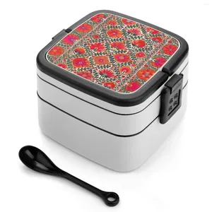 Dinnerware Kermina Suzani Uzbekistan Colorful Embroidery Print Bento Box Lunch Thermal Container 2 Layer Healthy Antique