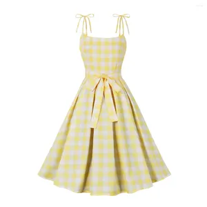 Sıradan Elbiseler Sarı Damalı Ekose Vintage Yaz Kadınlar 2024 Robe Pinup Spagetti Kayışları Rockabilly Kokteyl Partisi Prom Retro Elbise