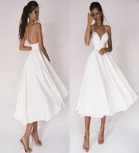 Sexy vestido de casamento curto 2021 alças finas criss cross simples decote em v vestidos de noiva de cetim uma linha vestidos de noiva 8877346