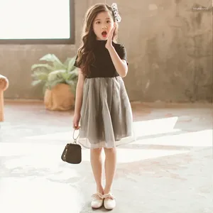 Mädchen Kleider 2024 Sommer Stil Organza Kontrast Nähte Koreanische Kinder Wellenrock Kleid Elegante Kleider Kleine Mädchen Kleidung Mode