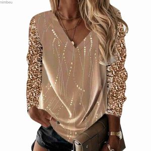 Women's T-Shirt Women Shiny Printed T-Shirts V-Neck Casual Long Sleeve Blouse T Shirt Tops For Women Spring Autumn Streetwear Clothes Tees TopsC24319