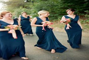 Темно-бирюзовые синие платья подружки невесты Длинное деревенское свадебное платье для гостей с V-образным вырезом из шелкового атласа с капюшоном сзади Вечерние платья Фрейлина 9364091