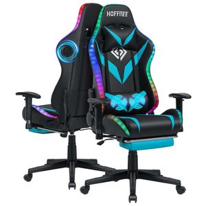 HOFFREE Gaming Bluetooth Speakers Led Lights Massage Vide Game with Footrest Reclining High Back Computer Gamer Chair Blue and Black