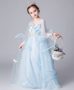 Romantisk himmelblå tyll/spets juvel fjäril Applique Flower Girl Dress Girl's Pageant Dresses Party/Birthday Dresses Girl's Kirt Custom SZ 2-12 D319031