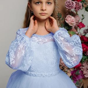 Girl Dresses Light Blue Lace Flower Dress Pearl Belt Glitter Crepe Long Princess Baby Birthday Party First Communion Wedding Gown