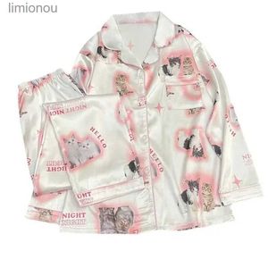 Women's Sleepwear Kaii youth girls pjs satin homewear long short fashion pyjama Cute Cat Print Summer New Thin Pajamas for Women Silk Home SetC24319