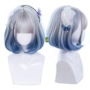 Parrucche HOUYAN sintesi Capelli corti caschetto Capelli lisci Argento sfumato blu gioco di ruolo femminile Lolita frangia Parrucca da festa resistente al calore