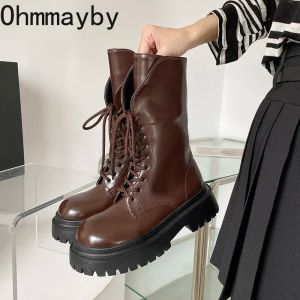 Buty zimowe nowe kobiety motocyklowe botki moda w górę wysokiej platformy buty na pięcie damskie eleganckie buty z cielęcia w połowie