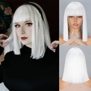 Wigs White Wig Synthetic High Temperature Resistant For Women Short Wig With Bangs Suitable For Cosplay Lolita Straight Hair