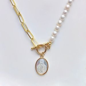 5pcs Virgin Mary 펜던트 목걸이 Choker Gold Plated Capricclip Link Chain Jewelry Good Natural Pearl Necklaces Femme 240311