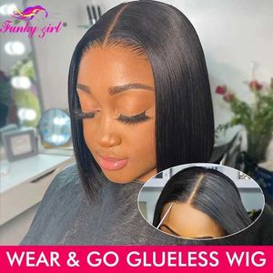 Perucas sintéticas Perucas sintéticas Glueless Bob Wig Straight Wear And Go Glueless Human Human Wigs Brasileiro Curto Bob 4x4 Lace Encerramento Peruca Pré Arrancada Pronto para ir 240327