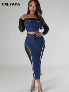 CMYAYA Mode Frauen Set Off Schulter Mesh Langarm Denim Crop Top und Bodycon Midi Maxi Rock Zwei 2 stück Set Outfit 240315