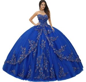 Милая серебряная шнурная металлическая 3D Appliques Quinceanera платья романтические королевские голубые блески Tule Sweep Train XV Party5556334