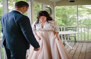 Abiti da sposa con scollo a V profondo avorio nudo Plus Size Illusion manica lunga impero vita spiaggia abito da sposa abiti da sposa paese personalizzato2778779