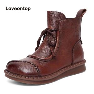 Botlar Loveontop Kadın Botları Bahar Sonbahar Yeni Retro Soygun Yumuşak Alt Düz Ayakkabı Konforlu Yumuşak İnek Ayak Bileği Botları