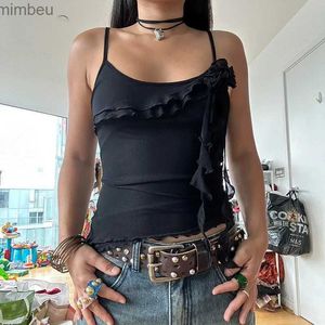 Kvinnors t-shirt y2k estetisk chic frill t-shirt sommar mesh topp camisole mode sexig fest topp kvinnlig blommor design kort frans klubbwearc24319