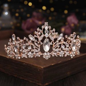 Tiaras Rhinestone Çiçek Kraliyet Gelin Headdress Düğün Tiara Kafa Bandı Saç Bandı Kadın Kız Gül Altın Kristal Düğün Head Band Y240319