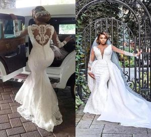 Lace Mermaid Wedding Dresses with Detachable Over skirts Luxury Lace Applique Beaded Long Sleeve Plus Size Bridal Gowns BC28983948820