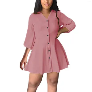 Casual klänningar för kvinnor 2024 Plus Size Lose V Neck Solid Color Mid Length Sleeve Dress Women's Holiday