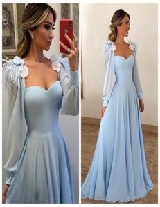 Långa ärmar älskling prom klänningar 2020 himmelblå med blommor fjäder prydda kvinnor maxi formella kvällsfest klänningar plus storlek cu9467596
