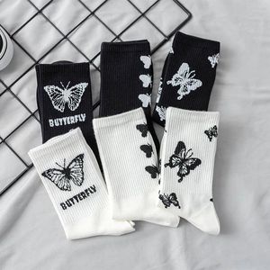 Women Socks 1 Pair Of Women's Butterfly Pattern Funny Skateboard Streetwear Harajuku Fashion Breathable Black White Cotton