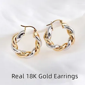 Hoop Earrings Style Real 18K Gold For Women Pure AU750 Two Color Twisted Design Fine Jewelry Simple Fashion Wedding Gift