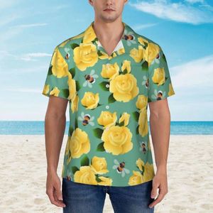 Camicie casual da uomo Api volanti Camicia estiva Uomo Spiaggia Rose gialle Stampa Manica corta Moda coreana Grafica Elegante Camicette oversize