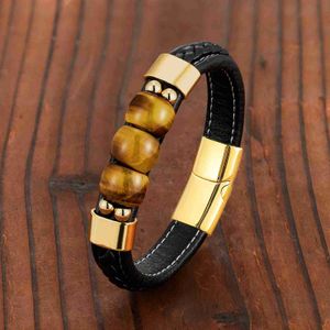 Bangle 2021 new 3-page natural stone tiger eye sport style mens jewelry bracelet 316L stainless steel bracelet black leather cord 240319