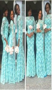 2019 Mnit Green African Bridesmaid Dresses with Long Sleeves Dubai Dresses Plus Size Lace Bateau Nigerian Evening Gowns Women Form5845847