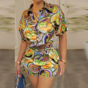 Mulheres Tracksuits Verão Impresso 2 Peça Outfit Mulheres Casual Botão Camisa Manga Curta Top Shorts com Bolso Ternos Dois Set Mulher Tracksuit