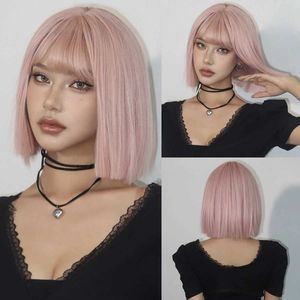 Syntetiska peruker Easihair Short Straight Bob Syntetiska peruker rosa lolita peruk med lugg för kvinnor cosplay naturligt hår peruk värmebeständig fiber 240329