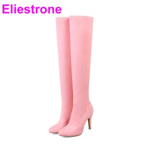 Stiefel brandneuer Verkauf lila rote Frauen Oberschenkel High Nackt Stiefel graue rosa Dame über den Knieschuhen Absätzen Y03 plus große kleine Größe 32 43 48