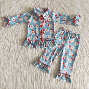 Großhandel Boutique Baby Girl Weihnachten Kinder Boutique Outfit Pyjama Nachtwäsche Kleidung Blaues Strickjacken Hemd Santa Hosen Säuglings -Set 240410