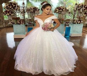 Bling Bling Princess Bridal Gowns Long Vestido De Novia Custom Shiny Ball Gown Wedding Dresses Off Shoulder V Neck Open Back Modes6019508