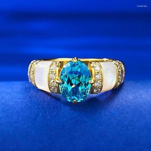 Anéis de cluster Springlady 18k banhado a ouro vintage 925 prata esterlina oval aquamarine gemstone anel fino para mulheres jóias de noivado de casamento