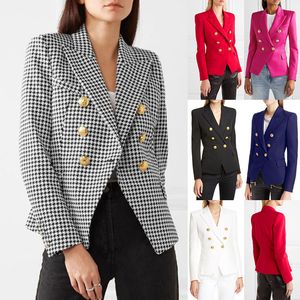 Damenanzüge-Blazer HIGH STREET est Modedesigner-Jacke mit Löwenknöpfen, zweireihig, schmal geschnitten, Tweed-Hahnentritt-Blazer 230325