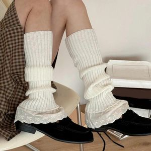 Women Socks JK Girl Ribbed Knit Striped Leg Warmer Ruffled Lace Hem Boot Cuffs