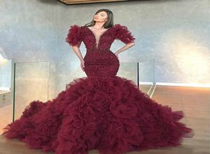 2020 Long Elegant Evening Dresses VNeck Sparkly Sexy Mermaid Short Sleeve Ruffle Beaded Dubai Women Burgundy Tiered Tulle Formal 4567402