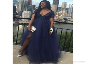 African Black Girls Prom Dress Navy Blue Split Long Formal Pageant Holidays Wear Graduation Evening Party Gown Plus Size4403306
