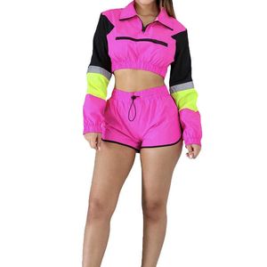 Reflektierende Damen-Windjacke, Farbblock-Trainingsjacke und kurze Hosen-Sets, 2022 Damen-Front-Reißverschluss-Crop und Shorts