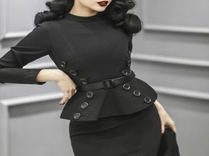 Sukienki swobodne 40 kobiet Vintage 50s Elegancka długie rękawie peplum Wiggle ołówek w czarnym pinup vestidos plus size jurken Robec2653476