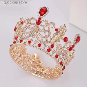 Tiaras 럭셔리 라운드 레드 라인 스톤 크리스탈 웨딩 크라운 신부 Tiaras와 Crowns Diadem Bride Crown Bridal Hair Jewelry 액세서리 Y240319