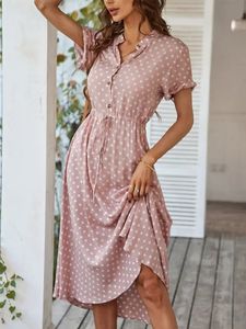 Bayanlar polka nokta baskı gömlek dres rahat midi midi yaz elbisesi kadın gevşek kadın plaj sundress bornoz vestidos 240314