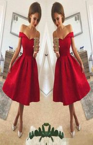 2018 Simple Red Off The Shoulder Satin A Line Short Party Dresses Ruched Kne Length Short Homecoming Cocktail Prom Gowns1982593