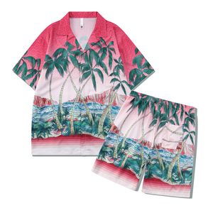 2-teiliges Hawaii-Outfit-Set für Herren mit Blumenmuster, kurzärmelig, Strand, lässiges Button-Down-Hemd und Shorts, Anzüge, Sommerferien, Kleidung, S, M, L, XL, Grün, Rosa